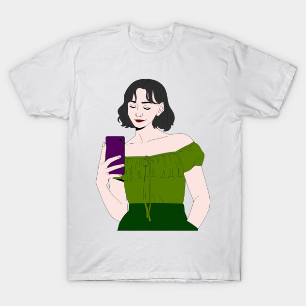 Beautiful girl using her phone T-Shirt by Right-Fit27